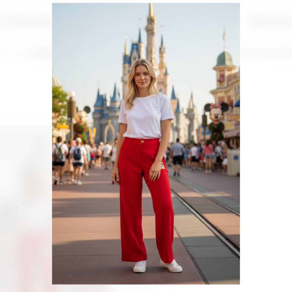 NWT DISNEY Park Bright Orange / Red Pull On Pant Glitter Gold Logo Medium